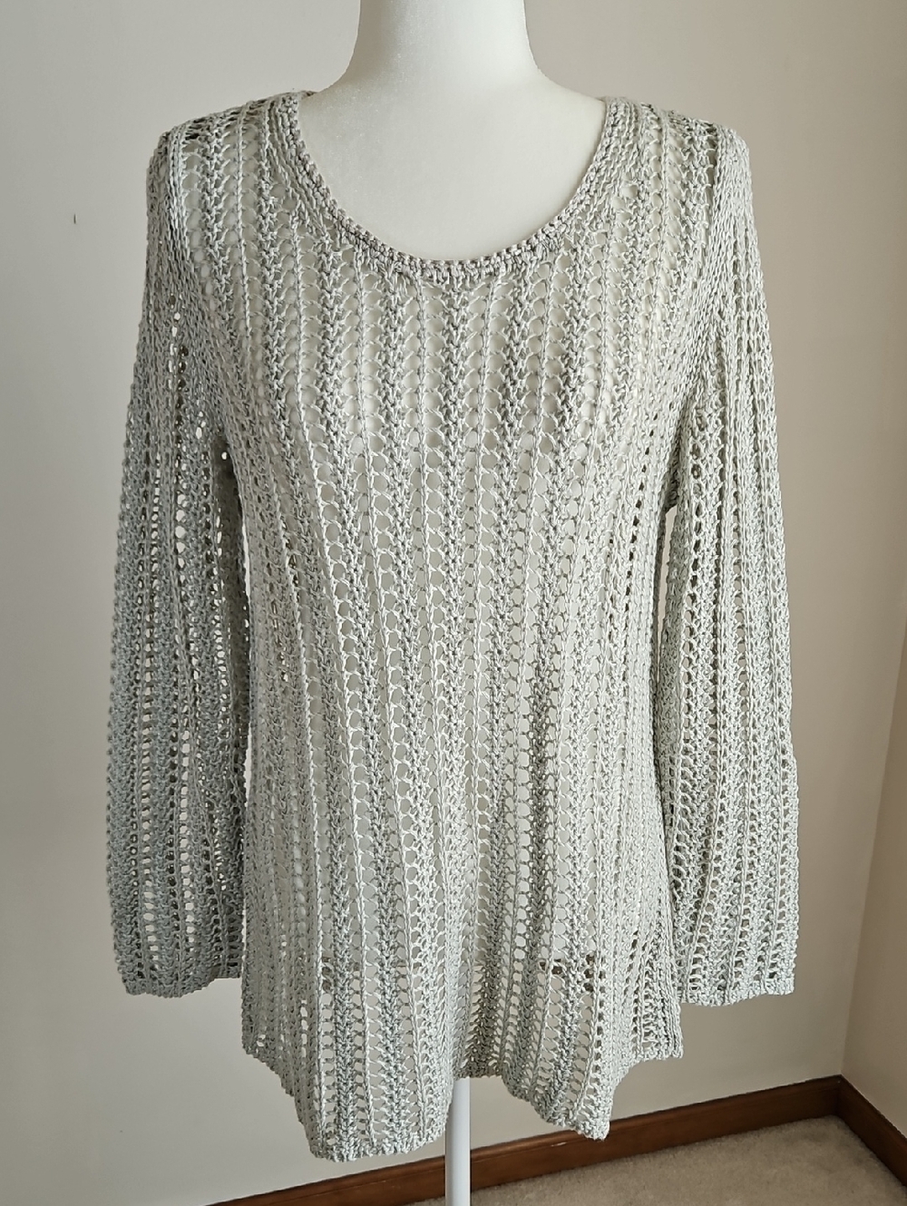 J Jill 100% Linen Open Crochet Top Long Sleeve Beige SZM Layering Coastal